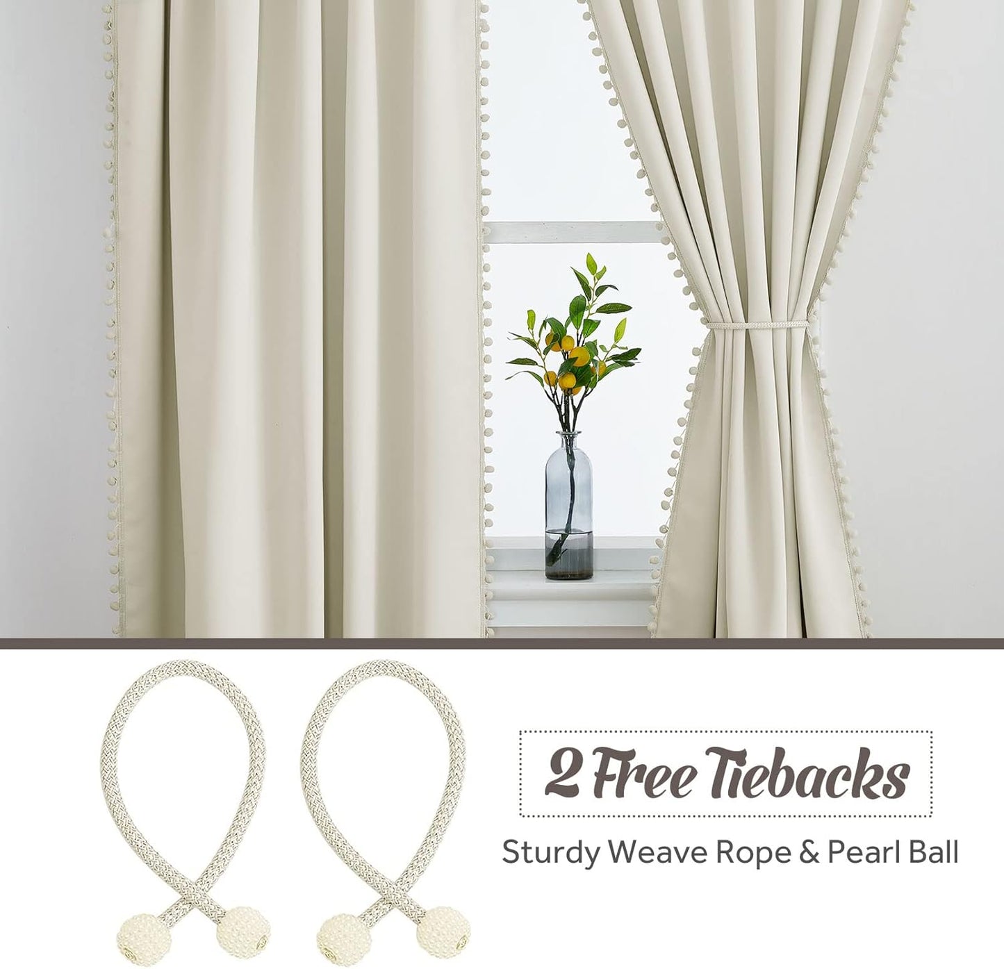 RYB HOME Bedroom Curtains 84 Inches Long Kids Curtains Blackout Window Drapes with Pom Pom Balls Lights & Heat Blocking Drapes for Girls Boys Kitchen Farmhouse, Beige, W52 x L84, Set of 2