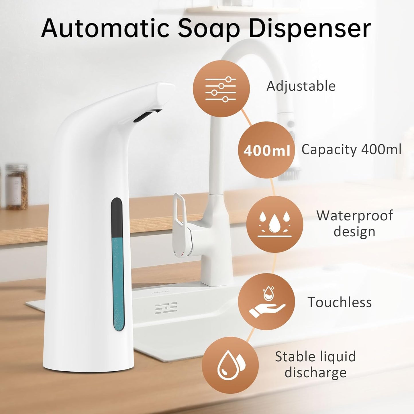 Automatic Liquid Soap Dispenser Touchless,400ML Modern White Dish Soap Dispenser with Sensor,4 Gear Adjustable Battery Operated Waterproof Hand Sanitizer Dispenser for Bathroom