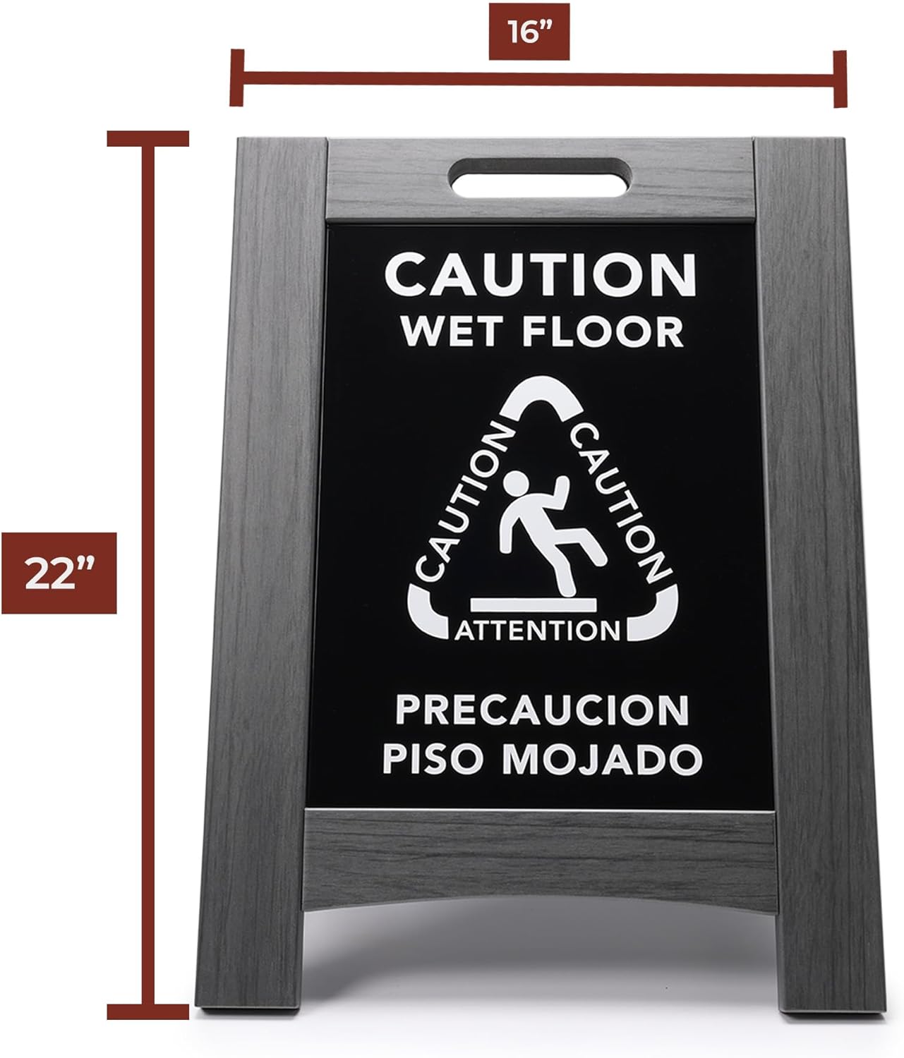 Premium Outdoor Composite Caution Wet Floor Sign – Bilingual w/Non-Skid Plastic Feet, Black Plate – For Hotels, Schools, Offices, Areas, Restrooms, Pool Decks & Shops, Grey