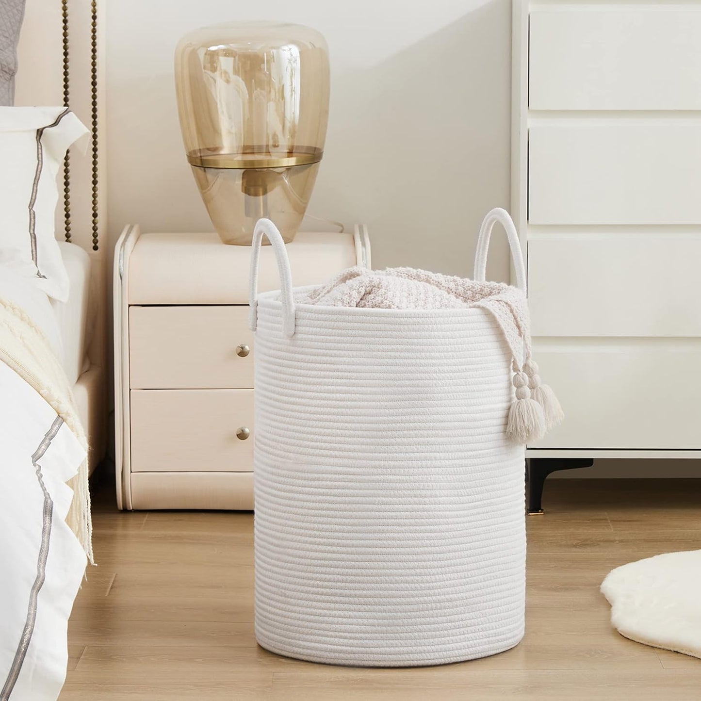 Woven Rope Laundry Hamper Basket by YOUDENOVA, 58L Tall Laundry Basket, Baby Nursery Hamper for Blanket Storage, Clothes Hamper for Laundry in Bedroom-Large-Pure White