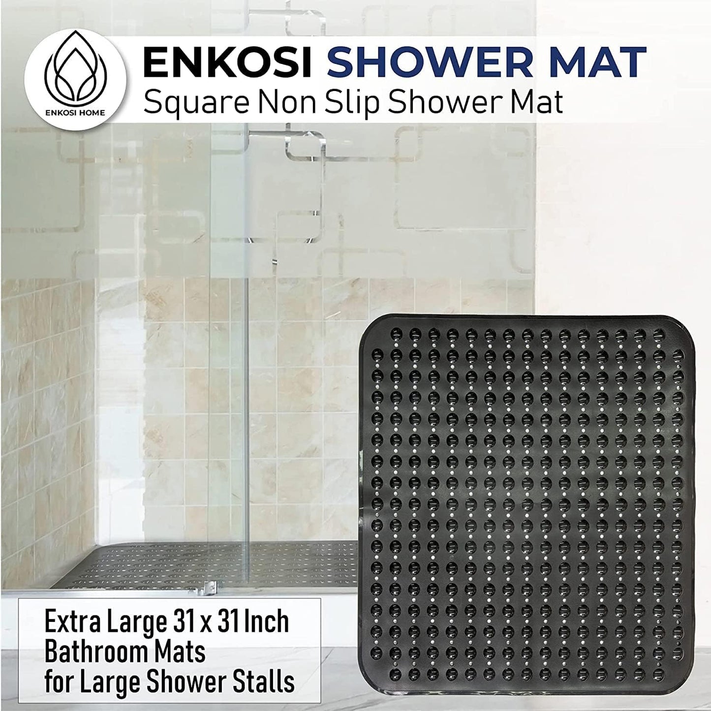 ENKOSI Extra Large Square Non Slip Shower Mat - 31 x 31-inch XL Bathroom Shower Mat - Square Shower Matts for Shower Stall Floors | Secure Suction Cups and Drain Holes (31x31 Pink)