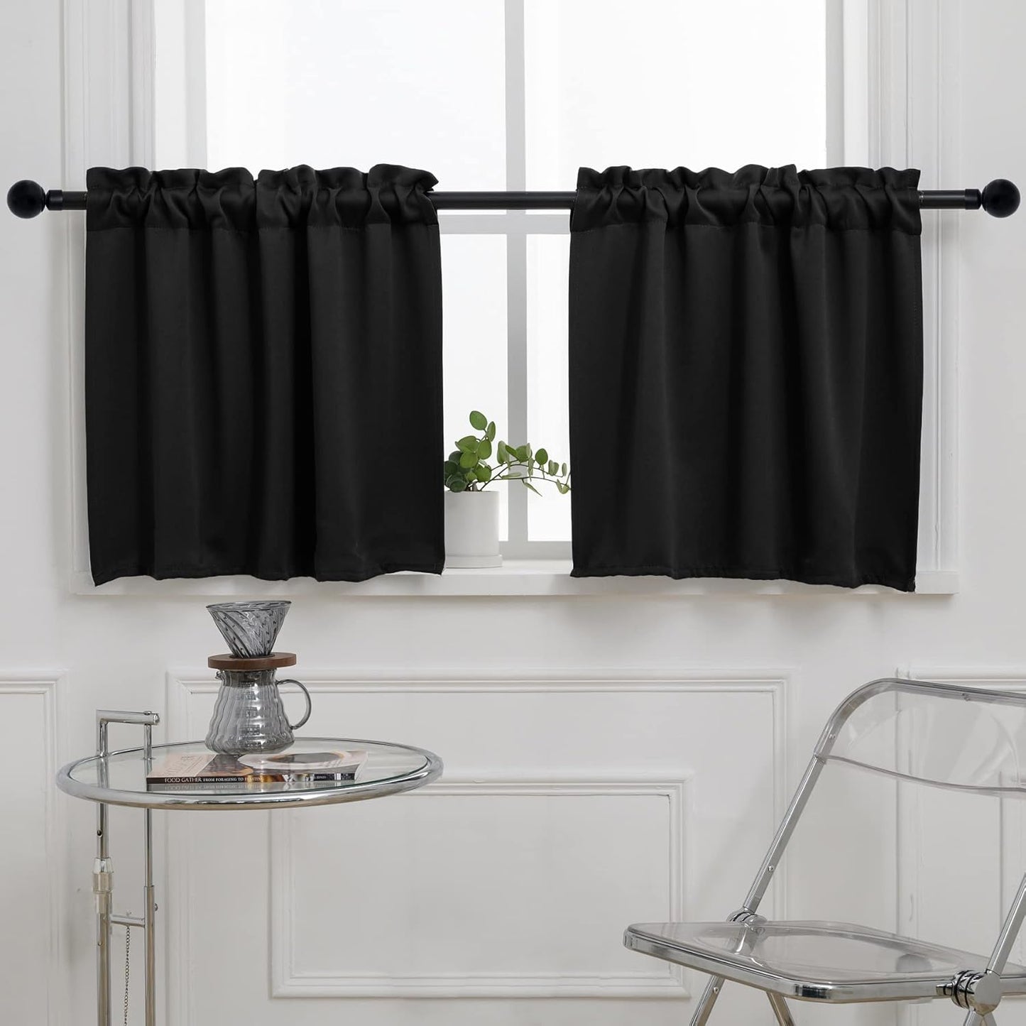 Pickluc Rod Pocket Tier Curtain - Half Blackout Curtain for Kitchen, Bathroom, Cabinet, Basement, 42 Inches Wide and 24 Inches Long, Black, 2 Panels