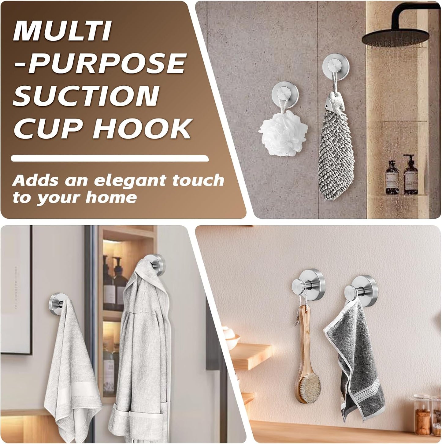 Reusable Heavy Duty Suction Cup Hooks for Kitchen/Bathroom/Shower - Wet-Proof Hooks for Towels, Robes, Loofah&Wreaths/No Drill Mounting on Glass, Tile, Metal (2, Brushed Nickel)