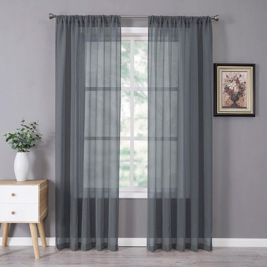 Tollpiz Sheer Curtains Bedroom Linen Textured Curtain Sheers Light Filtering Voile Rod Pocket Curtains for Living Room, 38 x 84 inches Long, Dark Grey, Set of 2 Panels