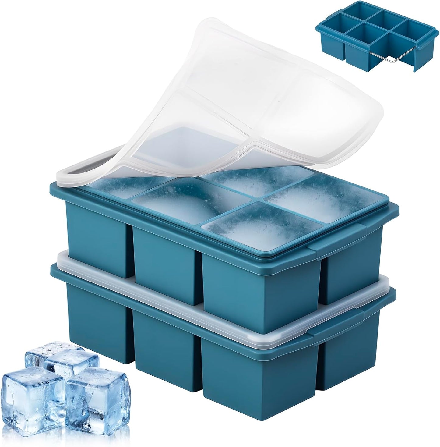 Large Ice Cube Trays for Whiskey (2 Pack) - Silicone Ice Cube Molds with Steel Frame Reinforcement & Lid, 2-Inch Square Ice Cubes for Whisky, Cocktails, Coffee, Tea - Easy Release