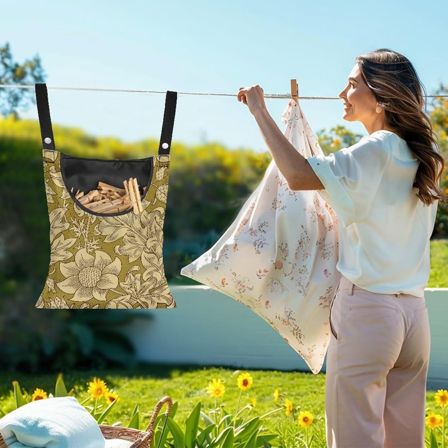 William Morris Works Print Clothespin Holder with Large Opening 14.5"x12" - Multipurpose Outdoor Storage Bag - Durable Polyester Construction with Double Stitched Seams Laundry Centers