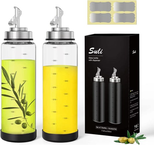 Suli Glass Olive Oil Dispenser Bottle -2 Pack17oz Oil and Vinegar Cruet Set with Steel Spouts and Labels for Kitchen Cooking, Salad Dressing, and BBQ (Silver)