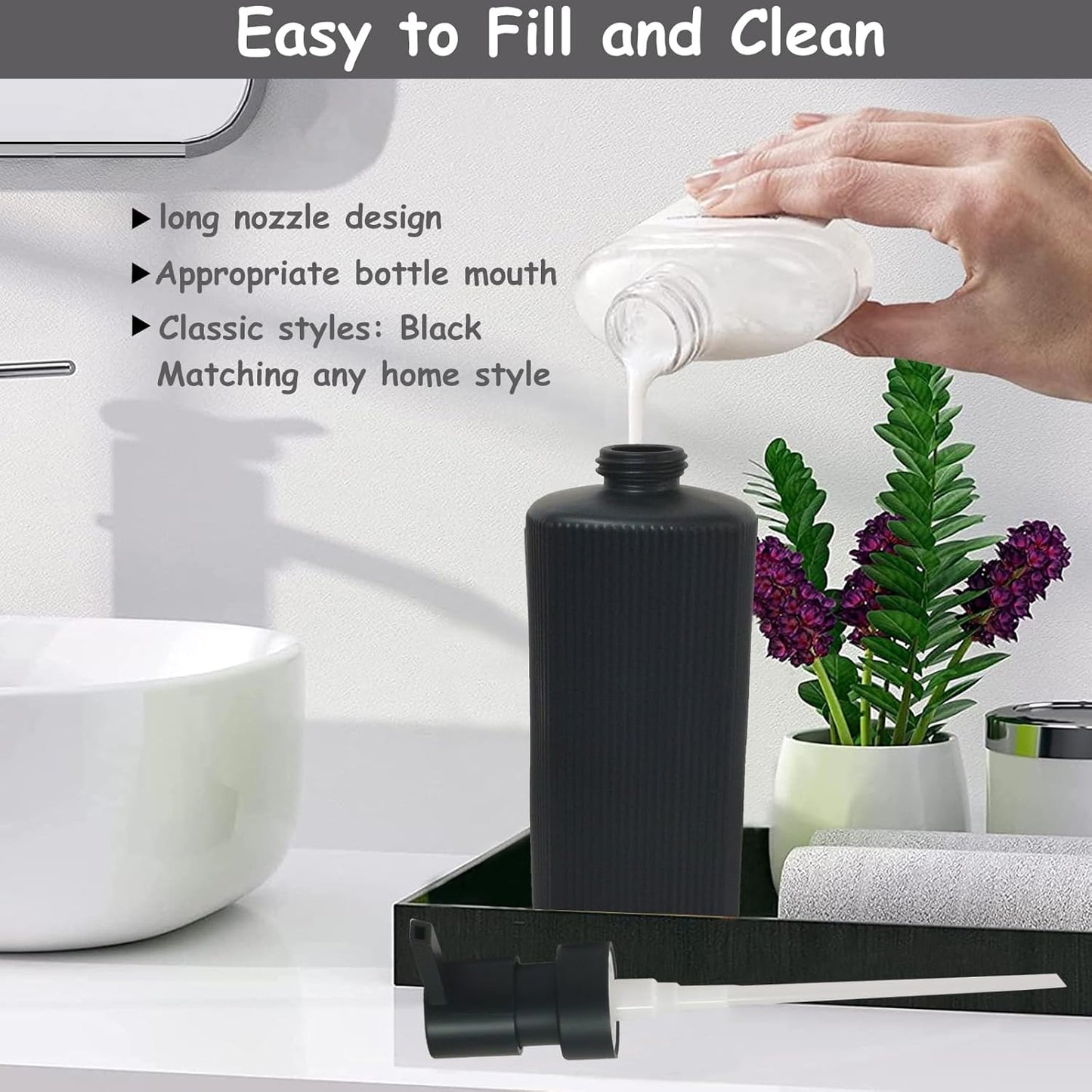Black Pump Glass Soap Dispenser, 12oz Stripe Countertop Refillable Liquid Bottle, Hand Dish Lotion Dispenser with Plastic Pump, for Kitchen, Bathroom