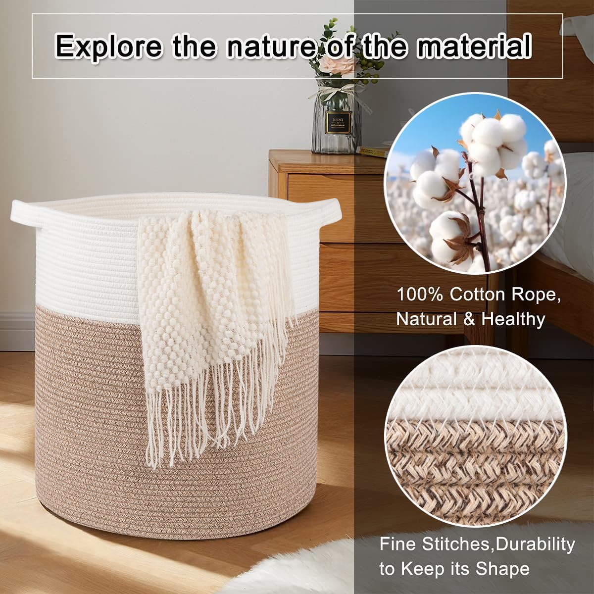 OIAHOMY 80L Laundry Hamper, Storage Basket with Handles, Laundry Basket For Toys, Pillows, Blankets,Clothes-20x18in-Brown&White