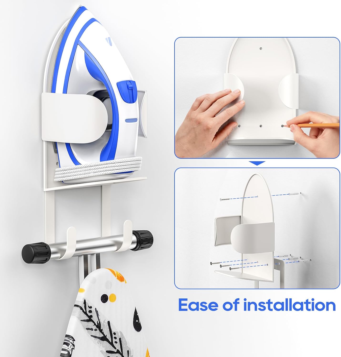 ORLESS Metal Large Ironing Board Holder Wall Mount, Ironing Board Hanger, Iron Board Holder, Iron Board Hook Wall Mount, for Laundry Rooms (White)