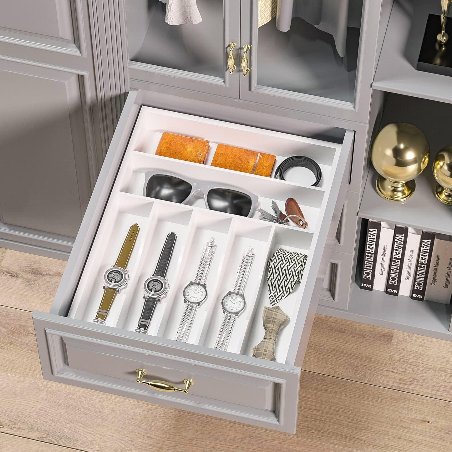 Utensil Organizer Silverware Drawer Organizer - 7 Slots Bamboo Cutlery Organizer Multi-Purpose Silverware Divider for Kitchen Flatware, Hair Accessories, Repair Tools, Art Set W13”x L17” (White)