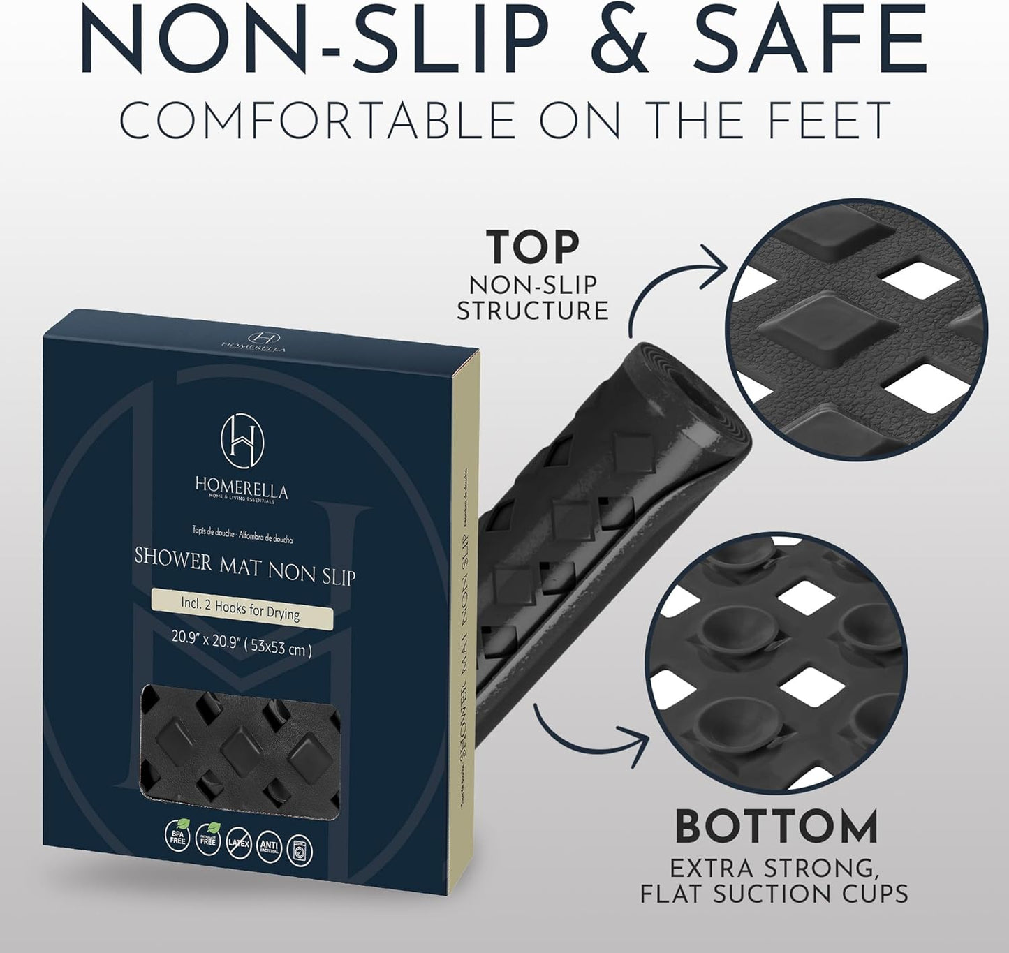 Homerella Anti Slip Shower Mat | Anti Mold Non Slip Bathtub Mat for Inside Shower | Square Floor Shower Mat 21 x 21 inch with Suction Cups for Grip & Hooks Hanging and Quick Drying | Machine Washable