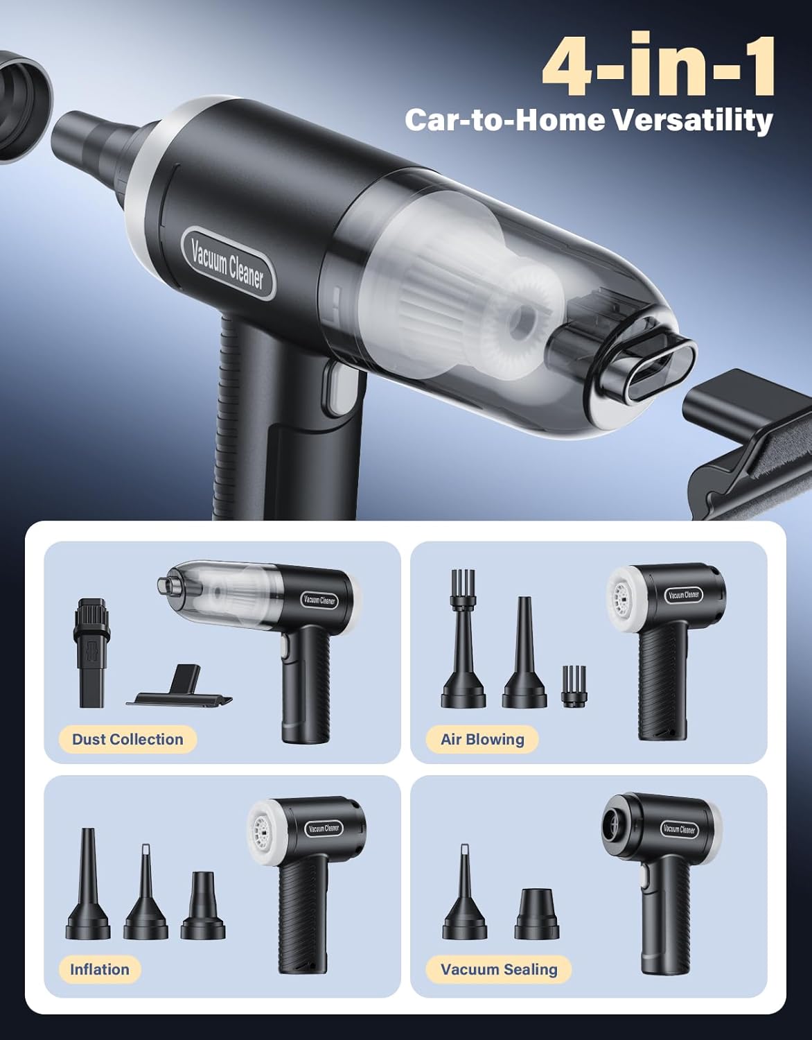 Car Vacuum Portable Cordless, 9000Pa Handheld Vacuum Mini Vacuum Cleaner High Power with Best Suction, 4 in 1 Air Duster Portable Vacuum for Car Keyboard Home Pet Hair with Multi-Nozzles