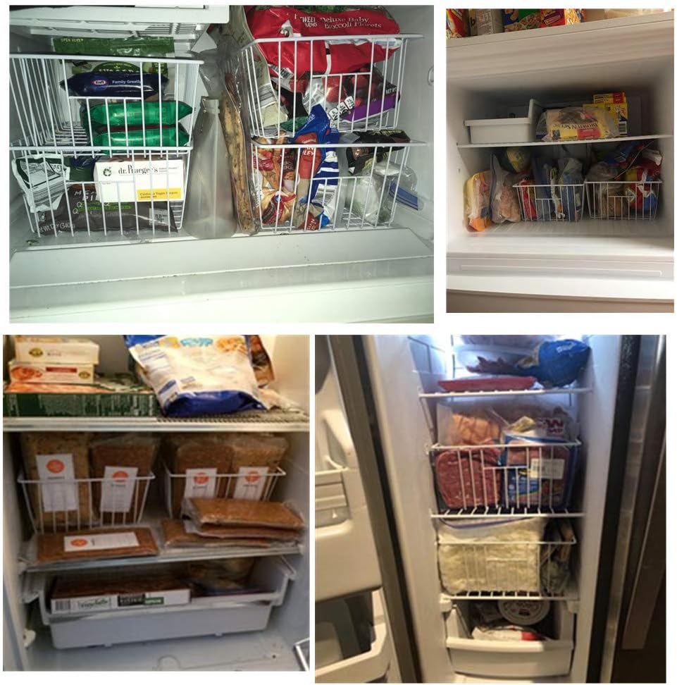 16Lx12Wx6H inch Wider Freezer Organizer Baskets Container, Refrigerator Metal Wire Storage Bins with Handles for Kitchen, Pantry, Cabinet, Closets - Pearl White（4 Packs