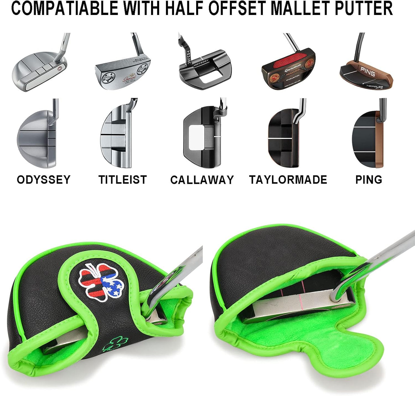 BIG TEETH Putter Cover Mallet Putter Cover Half Mallet Small Golf Headcover, Mini Club Head Protector Magnetic Closure Black Leather for Odyssey White Hot #5 Golf Rossie Tour Edge Chipper etc