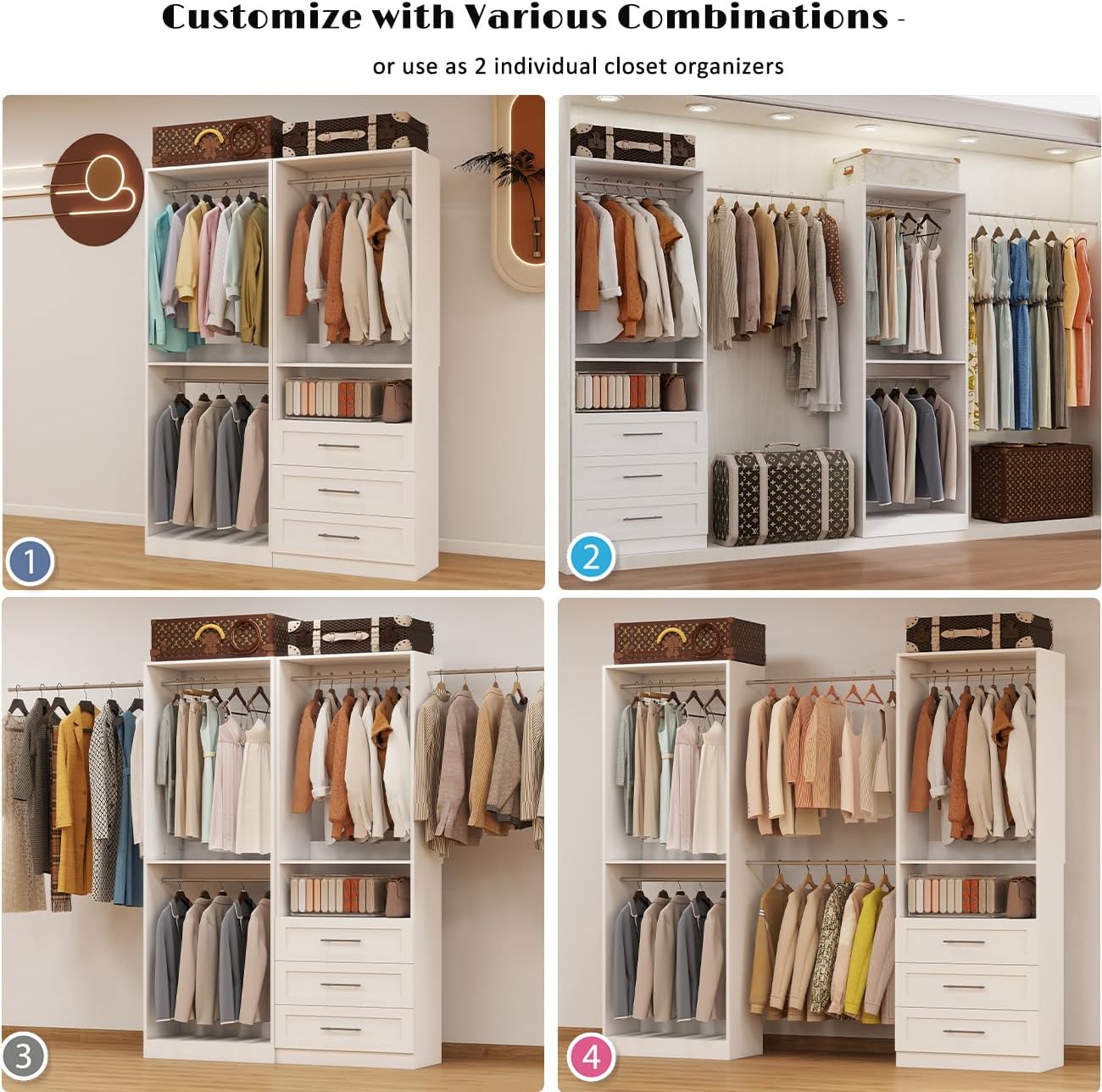 Closet System with 2 Sets, 4FT Closet Organizer Systems with 3 Wooden Drawers & 5 Hanging Rods, Walk in Closet Standalone Corner Closet System Modular Closet System Set White (4FT)