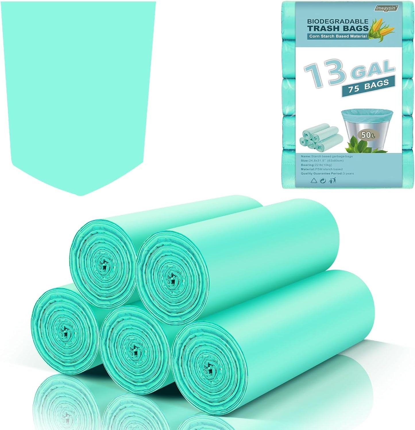 Biodegradable Trash Bags 13 Gallon Tall Kitchen - Inwaysin 75 Counts Large Unscented Compostable Recycling Garbage Bag Blue Bulk Strong Thick Wastebasket Liners for Bathroom Toilets