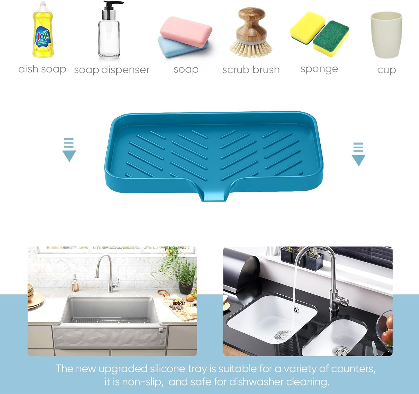 Premium Silicone Soap Holder for Bathroom & Kitchen Sink - Self Draining Tray with Caddy for Dish Soap Bottle & Soap Dispenser