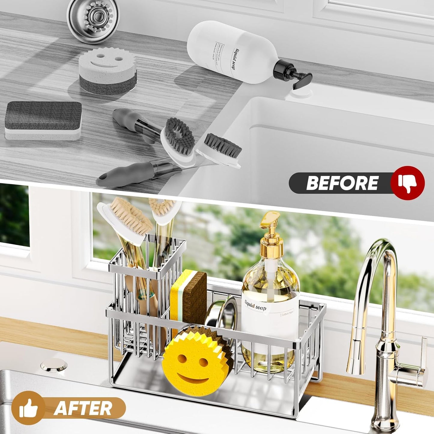 Sponge Holder for Kitchen Sink,Smiley Face Sink Caddy with Removable Brush Holder,Self-Draining Sponge Caddy for Soap,Dish Brush,Scrubber,Kitchen Essentials and Gadgets-Silver