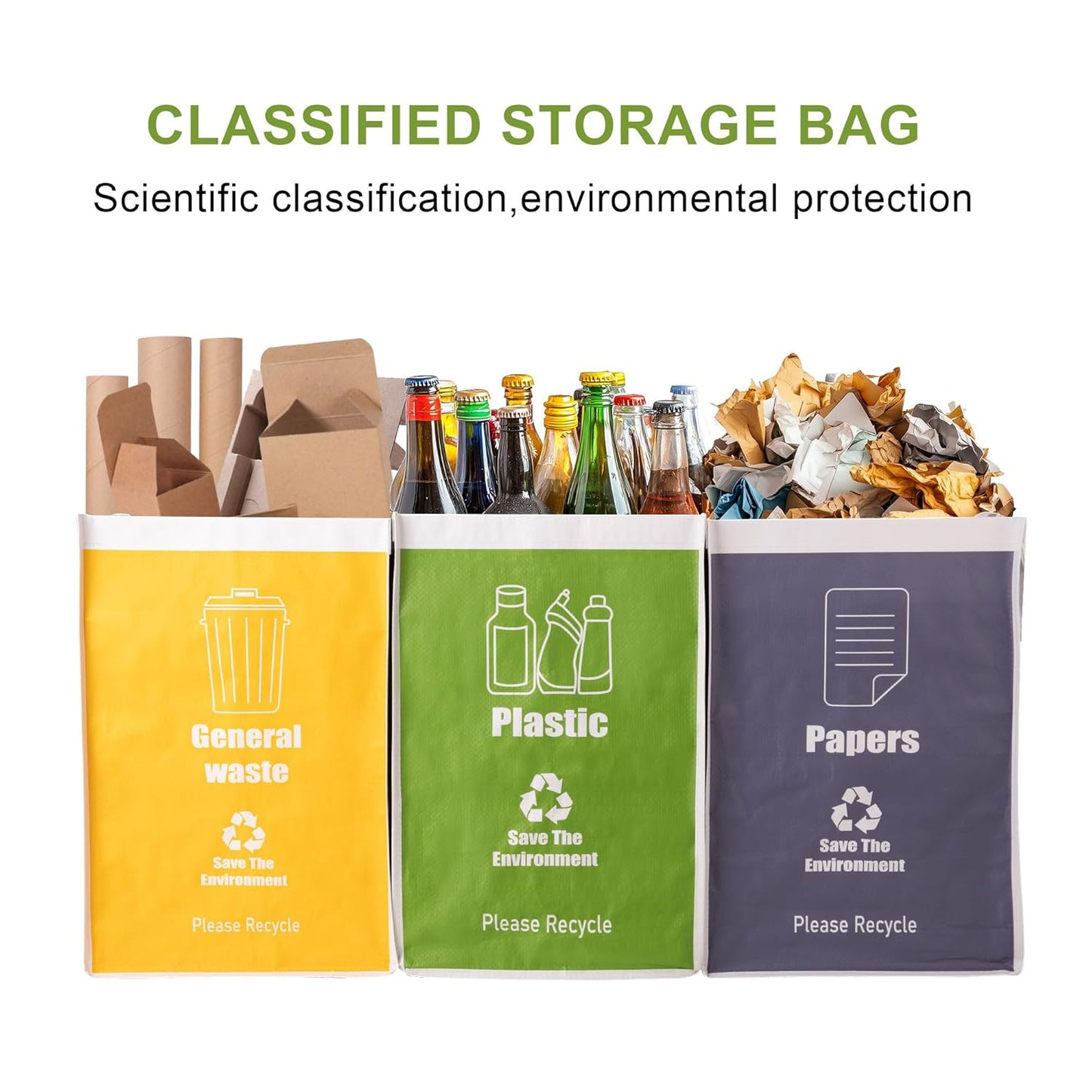 Recycle Waste Bag for Kitchen, Indoor Recycling Bins, Recycle Bins for Home, Kitchen Recycling Bin Trash Sorting Organizer, Reusable and Waterproof - Set of Three Color