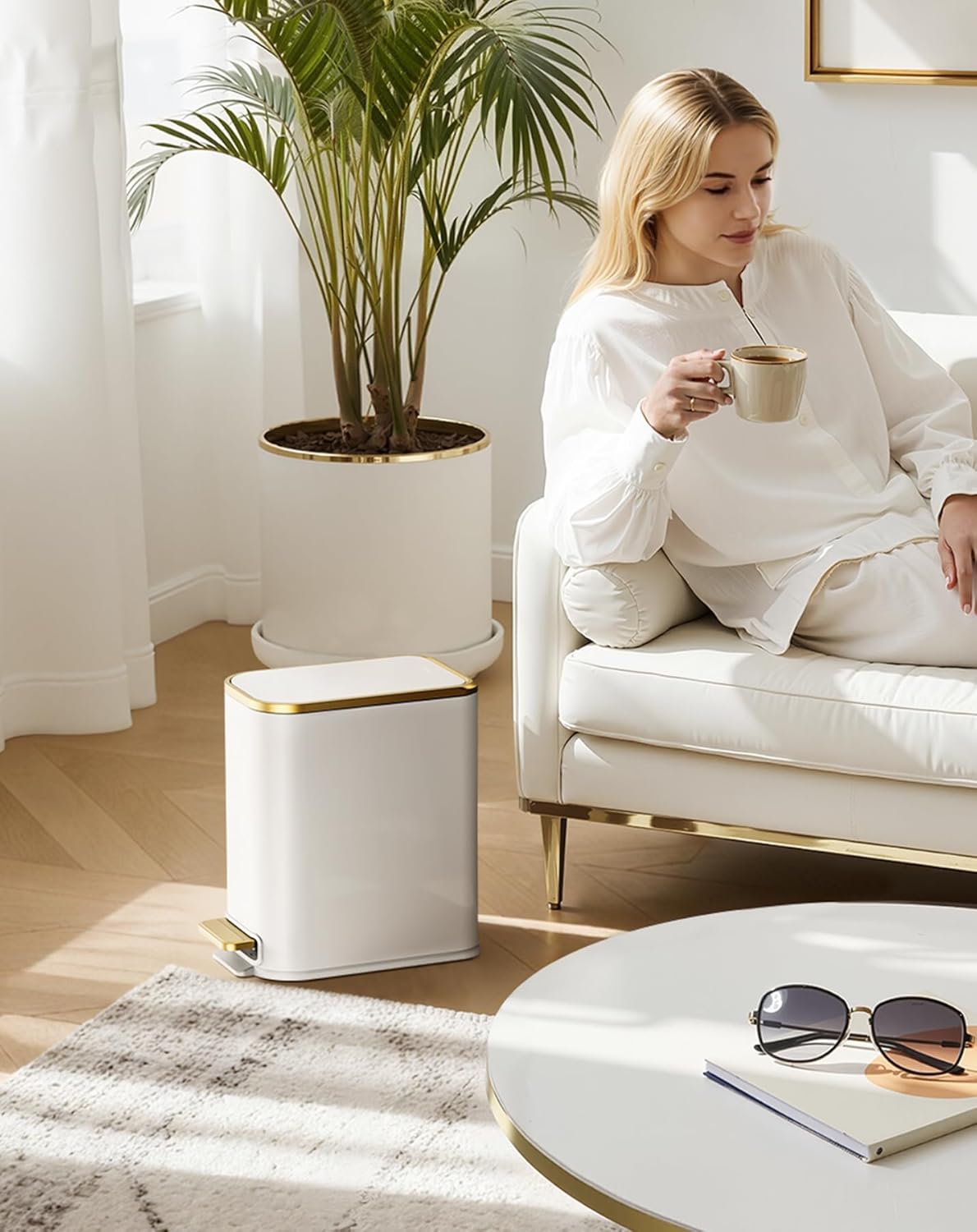 Cesun Small Bathroom Trash Can with Lid Soft Close, 5 Liter/1.3 Gallon Stainless Steel Garbage Can with Removable Inner Bucket, Step Pedal, Slim Waste Basket for Toilet, Office, Bedroom (White&Gold)