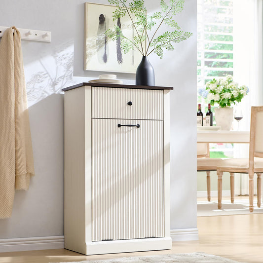 Modern Tilt-Out Trash Can Cabinet, 10 Gallon Fluted Laundry Hamper Cabinet with Drawers, Wooden Hidden Garbage Can Cabinets with Storage Basket, Free Standing for Kitchen and Living Room, White