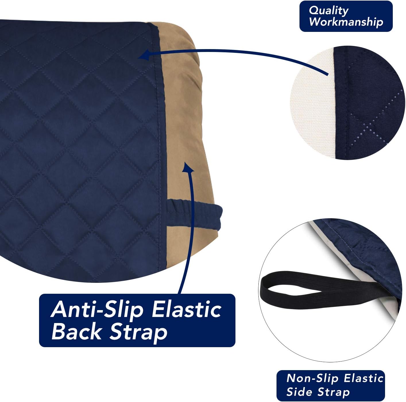PureFit Reversible Quilted Sofa Cover, Water Resistant Slipcover Furniture Protector, Washable Couch Cover with Non Slip and Elastic Straps for Kids, Dogs, Pets (Small Recliner, Navy/Ivory)