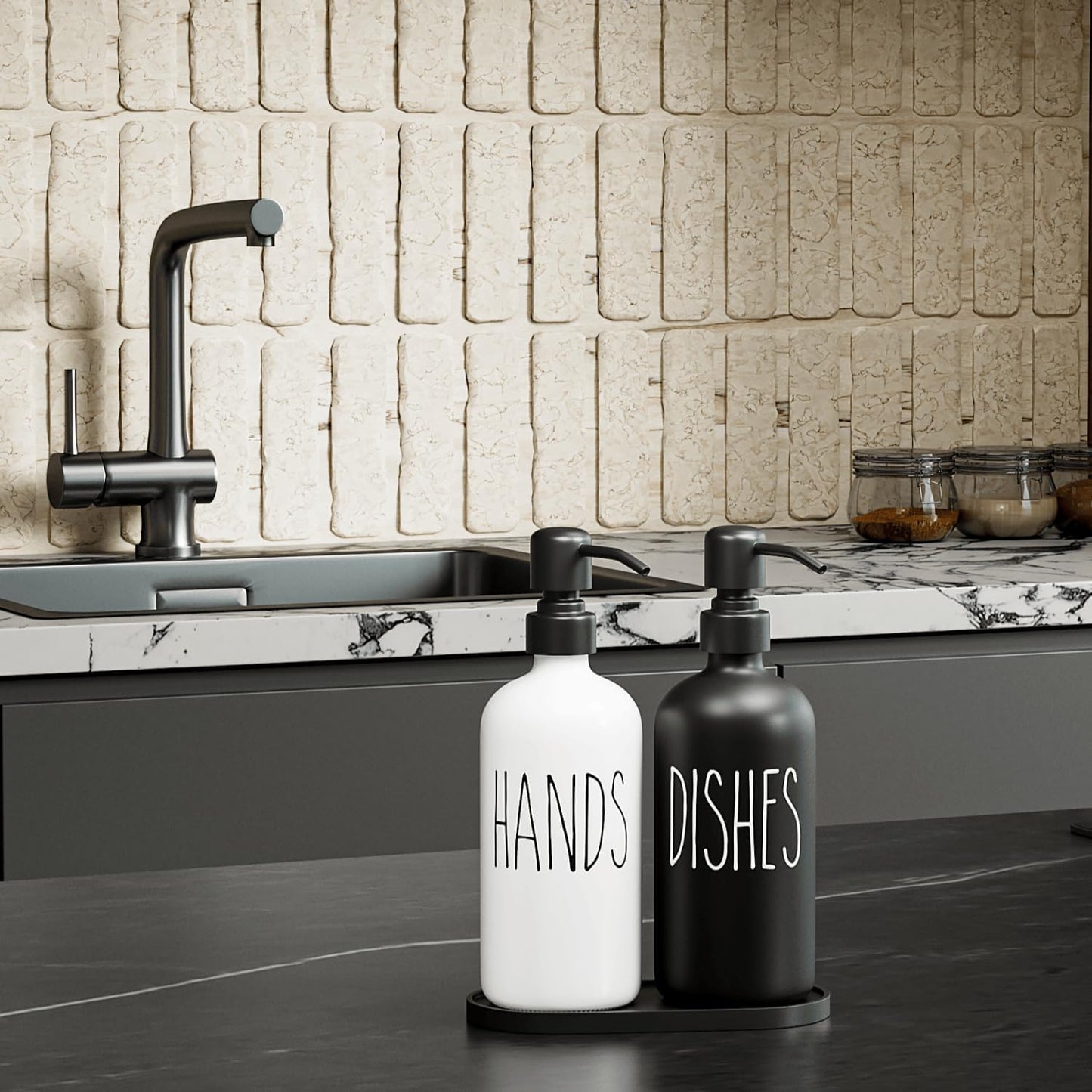 MOMEEMO Kitchen Soap Dispenser Set, Contains Dish and Hand Soap Dispenser, Suitable for Farmhouse Kitchen Decor. (Black & White)