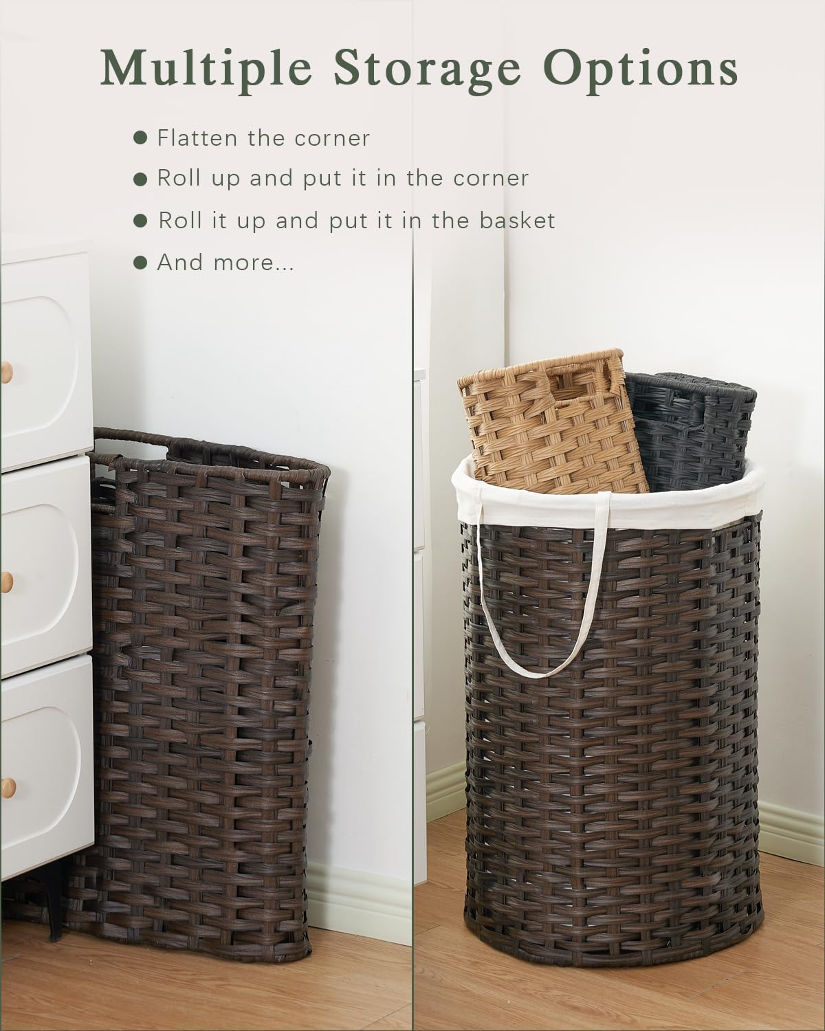 Large Laundry Hamper Laundry Basket Round 34.3 Gal (130 L) Handwoven Wicker Laundry Baskets Rattan Laundry Basket with Laundry Bag Handles 2 Mesh Bags for Living Room Bedroom Brown