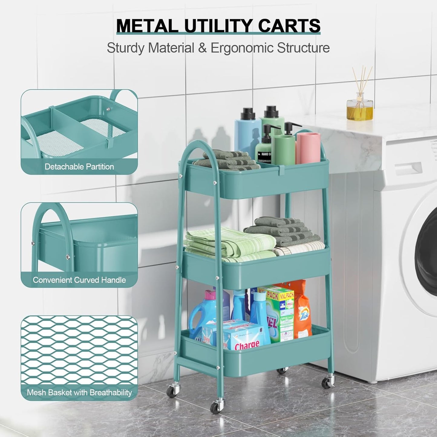 EAGMAK 3 Tier Utility Rolling Cart, Metal Storage Cart with Handle and Lockable Wheels, Multifunctional Storage Organizer Trolley with Mesh Baskets for Kitchen, Living Room, Office, Garage (Green)