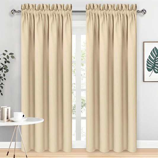 DWCN Blackout Curtains Room Darkening Thermal Insulated Bedroom Curtains Window Curtain Panels, 38 x 84 inches Long, Set of 2 Beige Rod Pocket Drapes