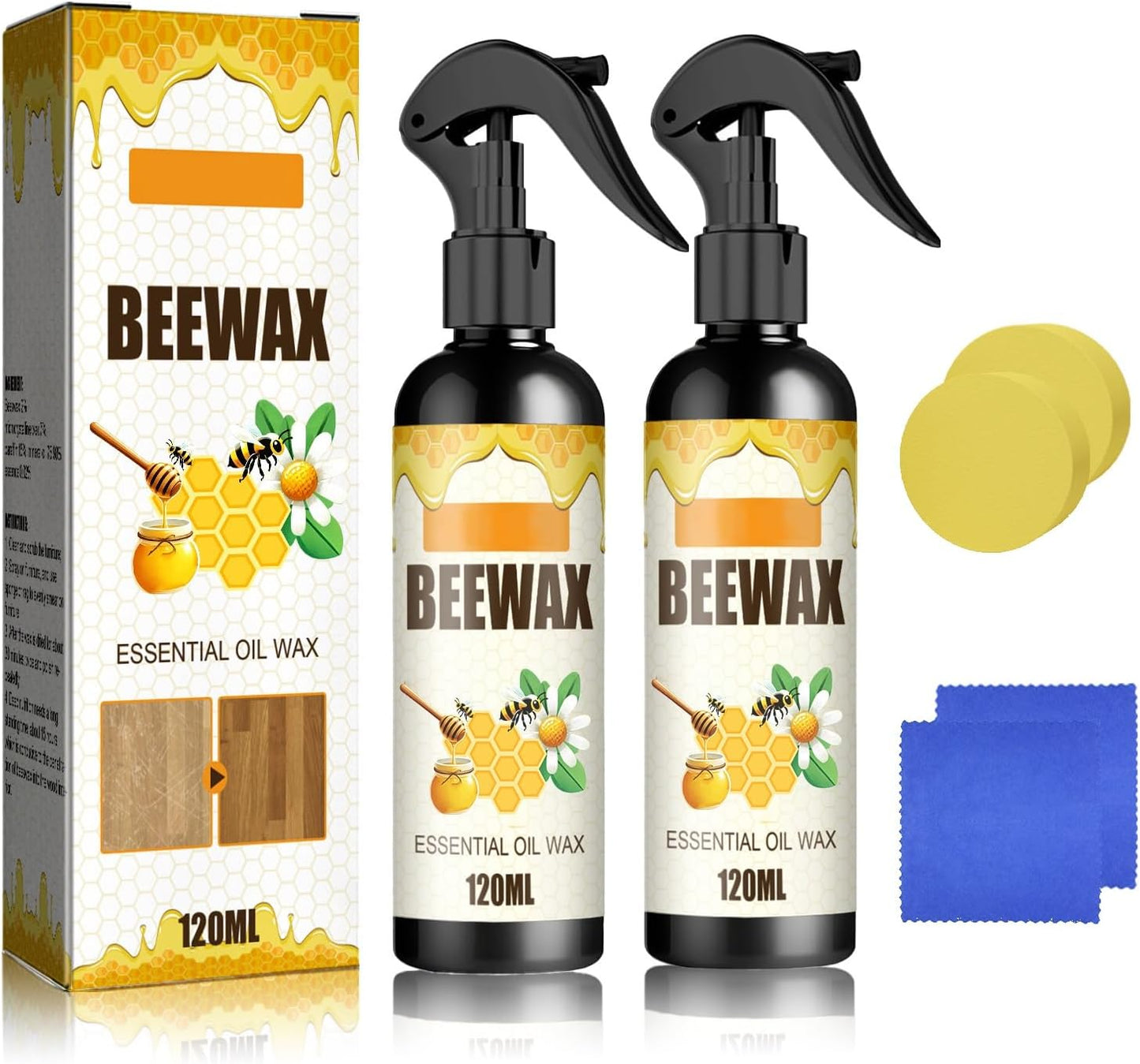 Beeswax Spray Cleaner with Sponge & Towel for Wood Furniture, Natural Beeswax Care For Wood Floors, Furniture, Tables, Cabinets (Lemon*2)