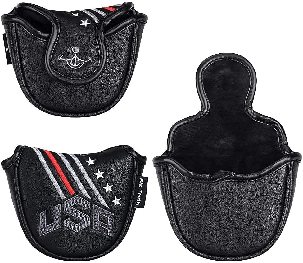 Big Teeth Golf Cover USA Stripe and Star Headcover Covers, Driver Fairway Wood Hybrid Headcovers Fits Blade Mallet Putter Iron and Woods with Magnetic Club Protector Pu Leather Golf Accessories