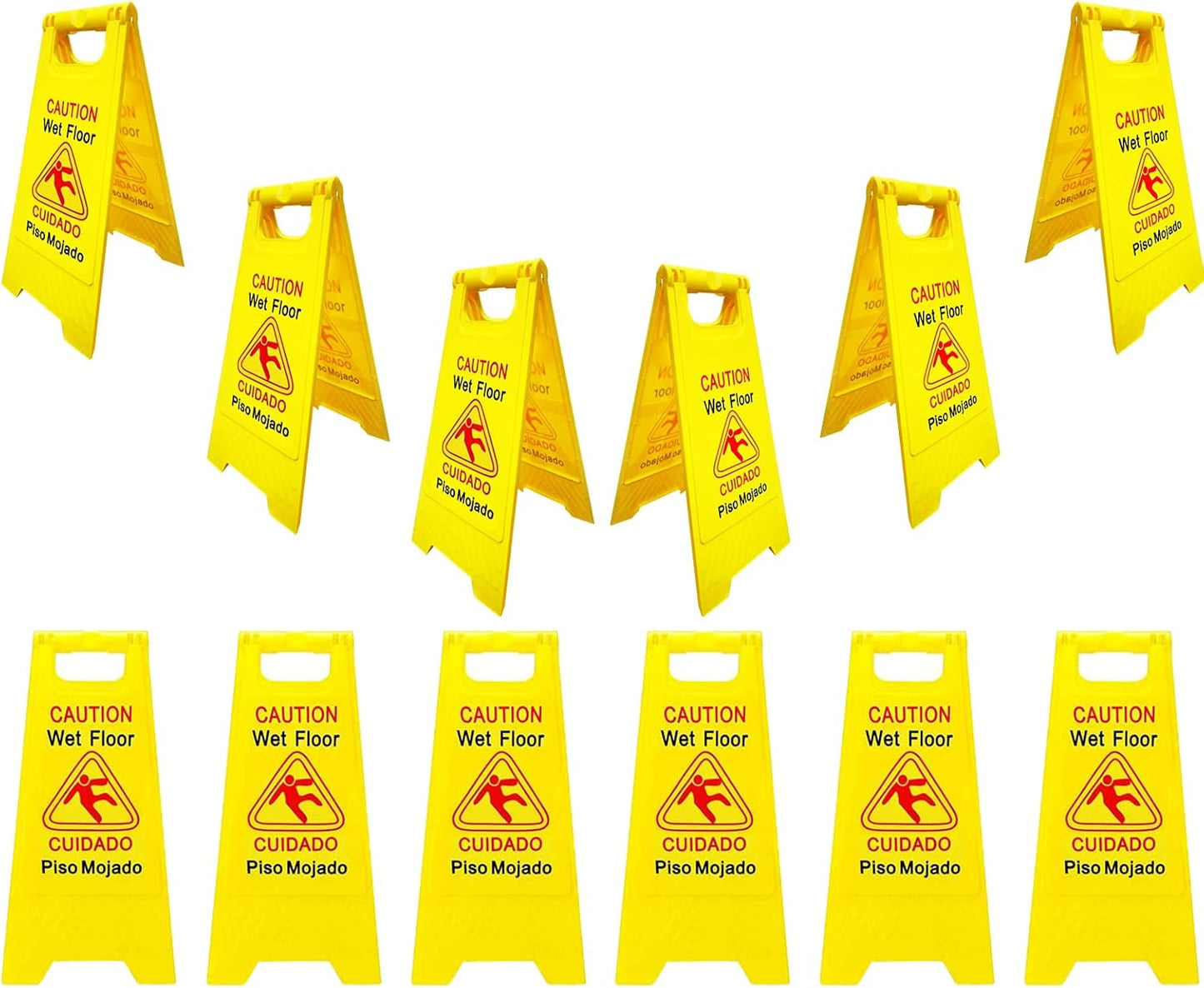 Displayforever 12 Packs Caution Wet Floor Signs for Restaurant, Restroom, Office 2-Sided Safety Bright Yellow Bilingual Sign Cuadado Piso Mojado Avoid Fall & Slip Accident