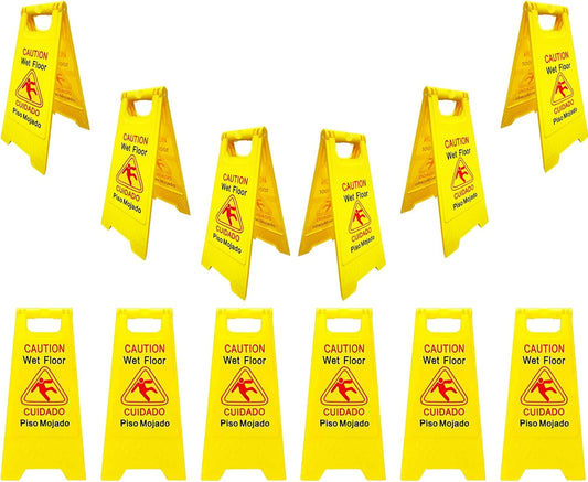 Displayforever 12 Packs Caution Wet Floor Signs for Restaurant, Restroom, Office 2-Sided Safety Bright Yellow Bilingual Sign Cuadado Piso Mojado Avoid Fall & Slip Accident