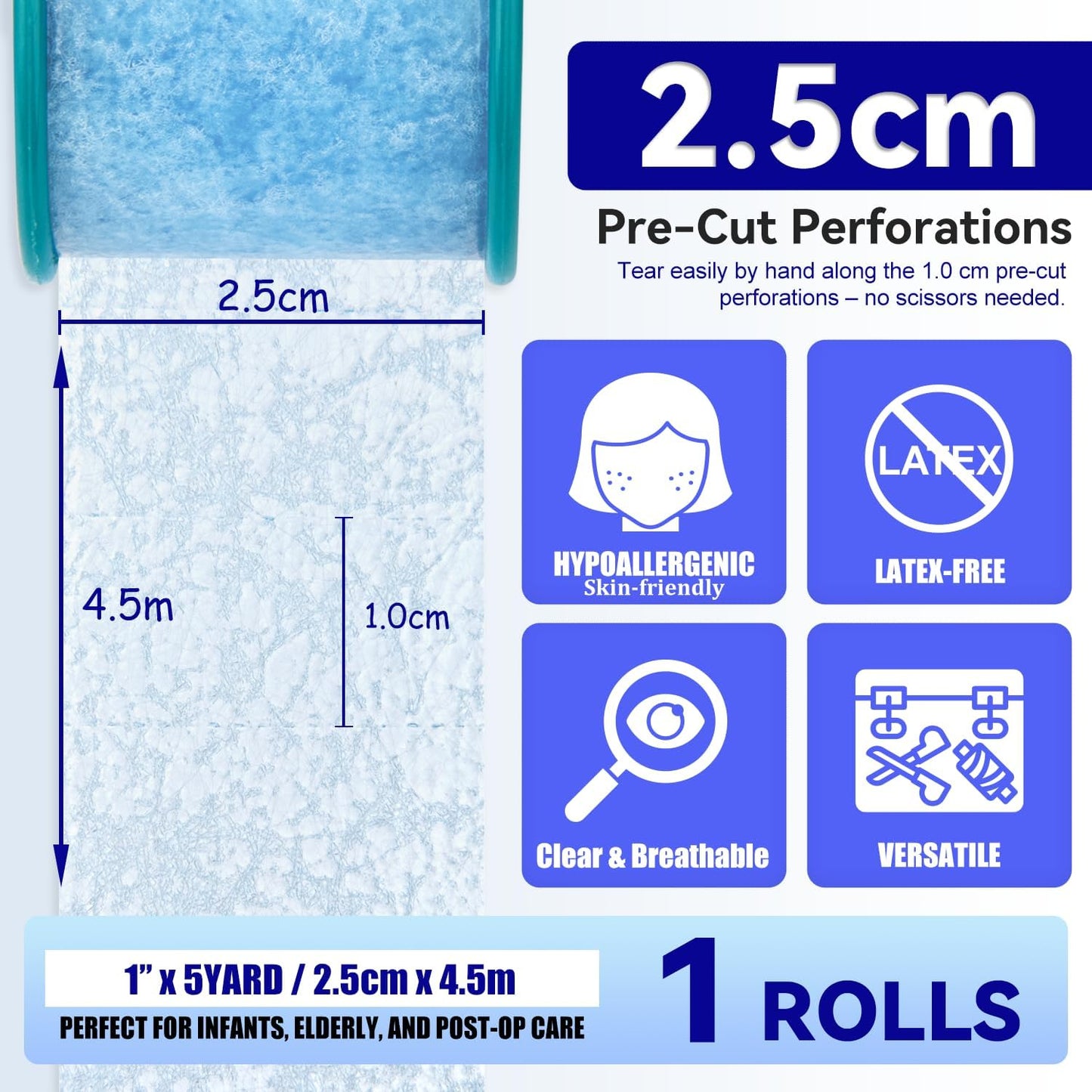 FRESINIDER Silicone Medical Tape – 1" x 5 Yard Blue 1 Roll, Pre-Cut, Waterproof & Repositionable, Pain-Free Removal, Hypoallergenic Adhesive for Sensitive Skin, Wound Care & First Aid Use