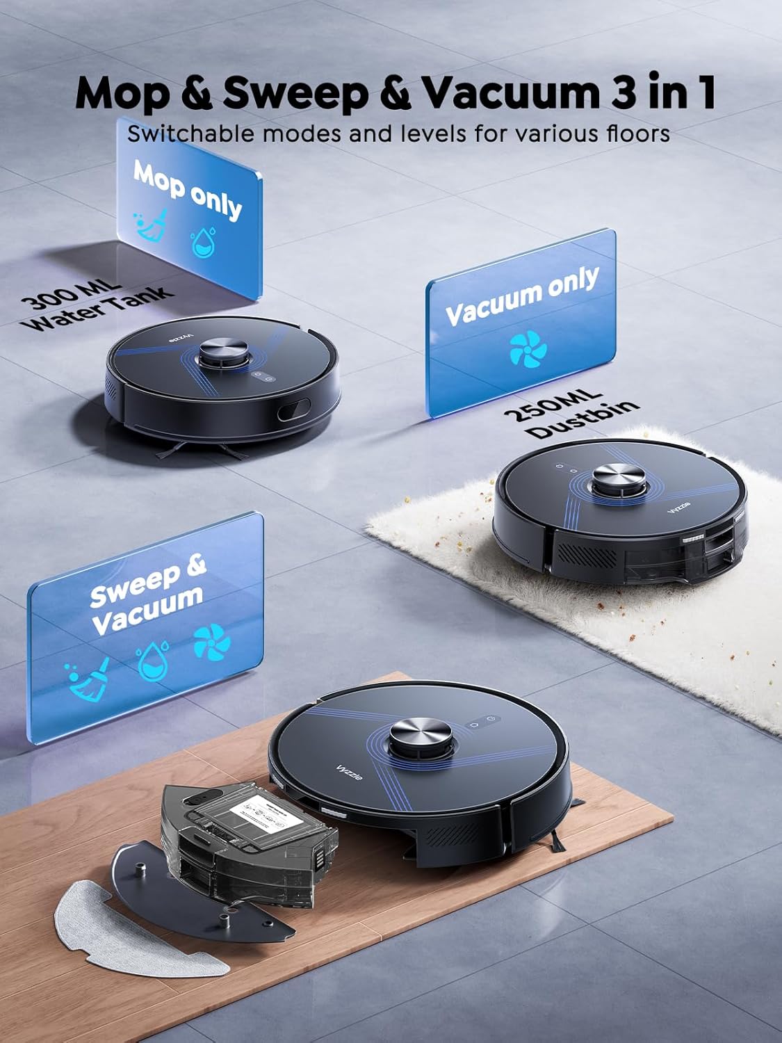 Vyzzle E20 Robot Vacuum and Mop, 60-Day Robot Vacuum Self Emptying, 5500Pa Suction, Zoned & Scheduled Cleaning, LiDAR Navigation, Vacuum Robot for Pet Hair, Carpets, Floors, WiFi/App/Voice Control