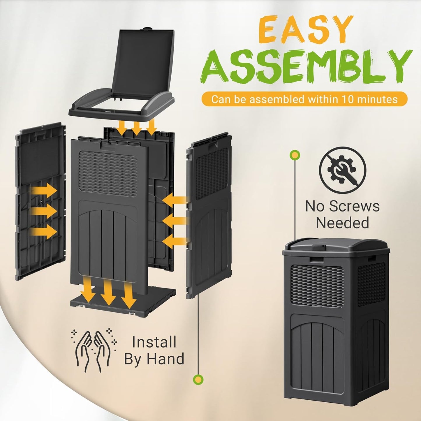 YESHOMY 33 Gallon Resin Outdoor Trash Can with Lid, Hideaway Waterproof Patio Garbage Bin, Gray