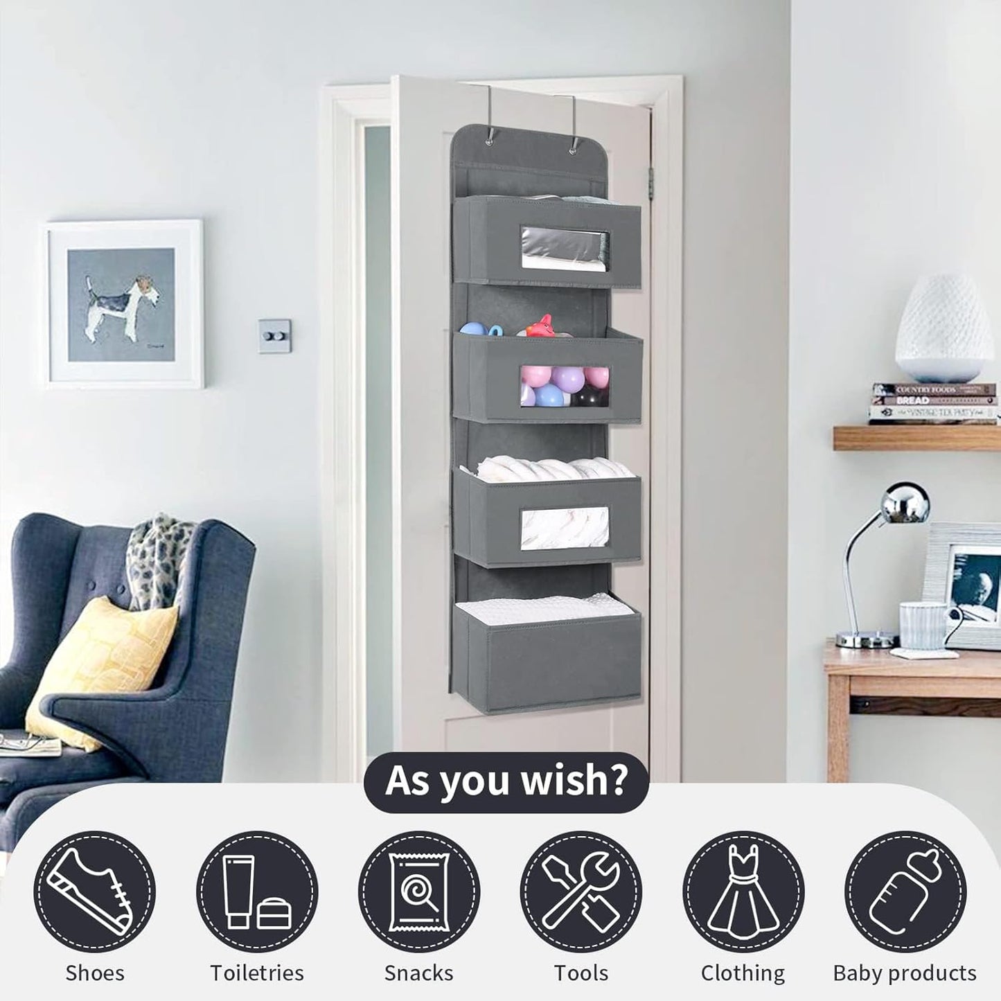 MAX Houser 4-Shelf Over The Door Hanging Organizer with 2 Metal Hooks,4 Pocket Over The Door Wall Mount Storage with Clear Windows for Baby Nursery Bathroom Closet,Bedroom,Dorm,Diapers,Kids Toys(Gray)