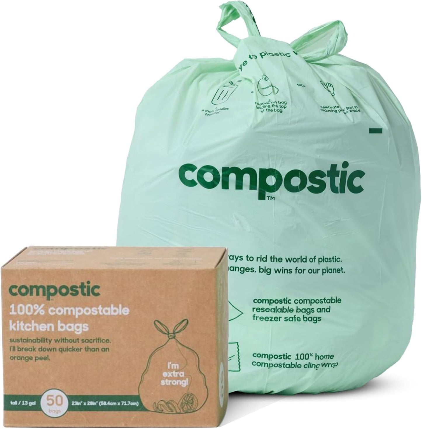 Compostic Home Compostable Trash Bags, 13 Gallon Tall Kitchen Rubbish Bags (23” x 29”), Extra Strong & Quickly Breaks Down, 50 Count