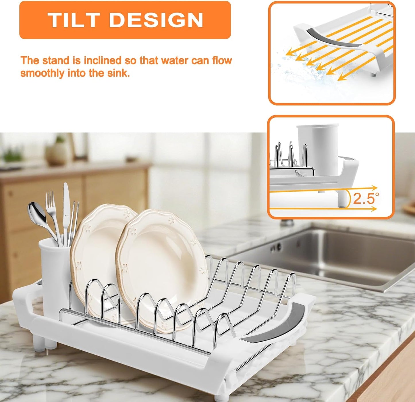 Dish Drying Rack Compact Expandable - A Space-Saving, Stainless Steel, Rust-Resistant Dish Drainer for Kitchen and Apartment Countertops/Sink Cabinets, Extendable from 11.42 to 19.9 inches (White)