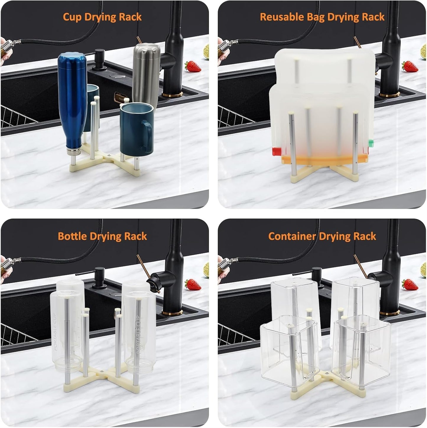 Reusable Storage Bag Drying Rack, Retractable Metal Bottle Drying Rack,Collapsible Cup Draining Rack for Water Bottles, Mason Jars,Mugs,Glass and Sports Bottle (2 PCS)