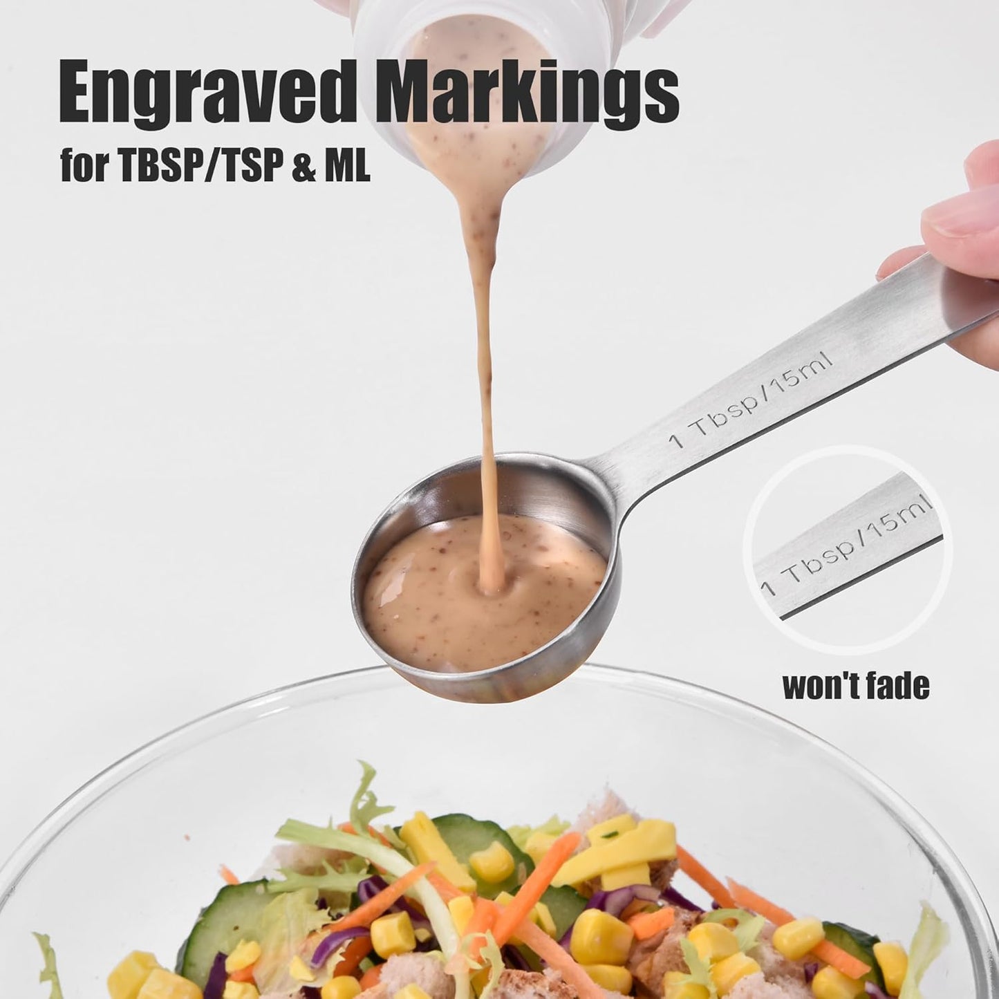 Doosu Measuring Spoons Set of 8-18/8 Stainless Steel Heavy Duty Teaspoons Tablespoons with Engraved Metric & US Measurements, Metal Measure Spoon for Dry and Liquid Ingredients, Dishwasher Safe