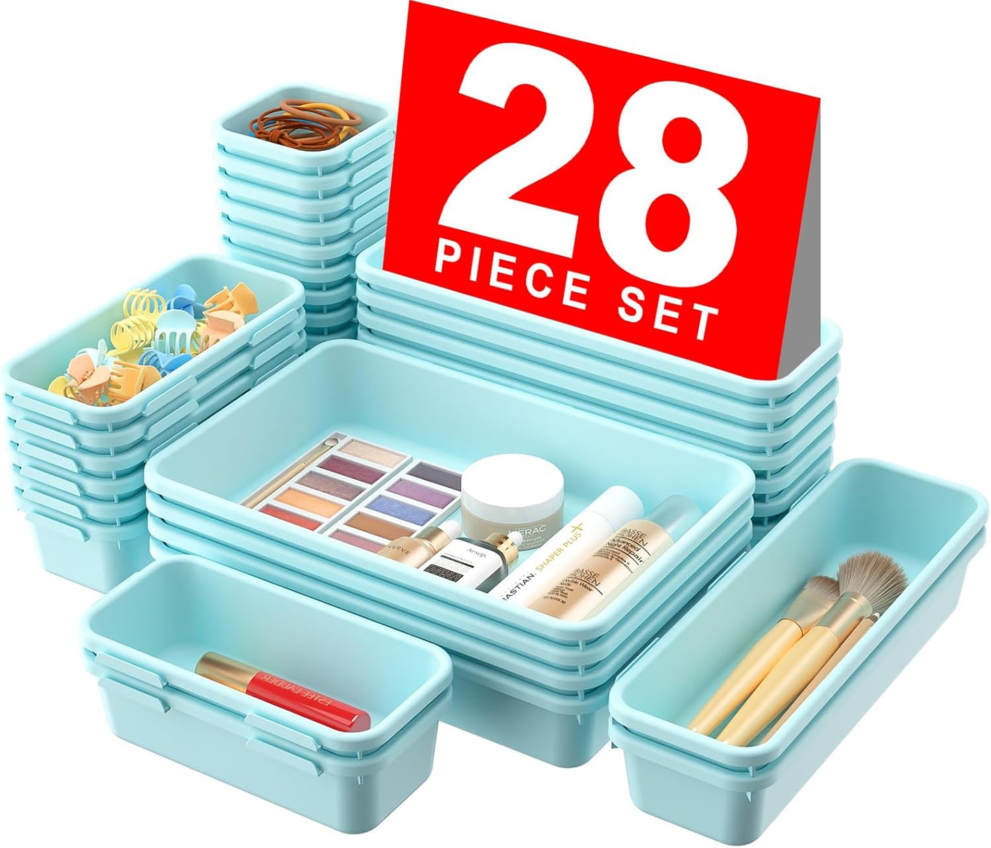 A-LuGei 【28PCS】 Drawer Organizer, Bathroom Organizers and Storage, Makeup organizer, Desk drawer organizer, Storage Bins for Kitchen Office Bedroom Vanity Jewelry Pantry Garage【Black】【4Size】