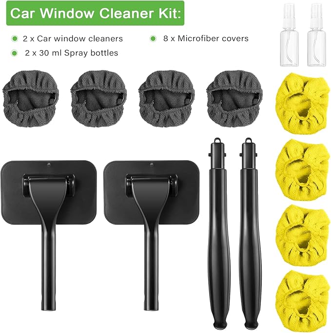 Frienda 2 Set Windshield Cleaner Tool Inside Car Windshield Cleaning Wand Auto Window Cleaner with Detachable Handle, 8 Reusable Microfiber Pads and 2 Spray Bottles for Car Interior(Gray, Yellow)