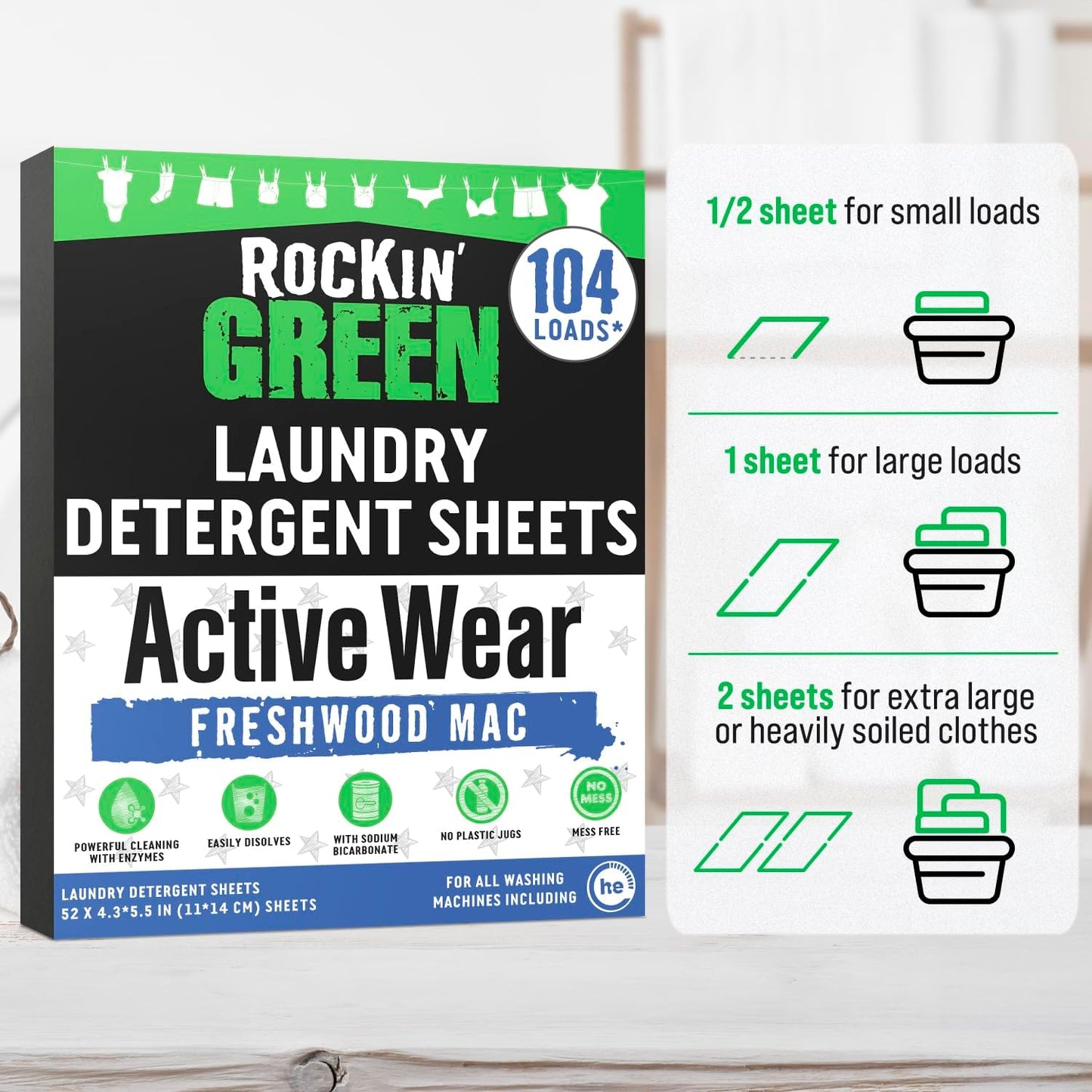 Rockin' Green Active Wear Travel Laundry Detergent Sheets - Mess-Free Laundry Sheet Detergent with Sodium Bicarbonate - Easily Dissolvable Laundry Soap Sheets (104 Loads, Freshwood Mac)