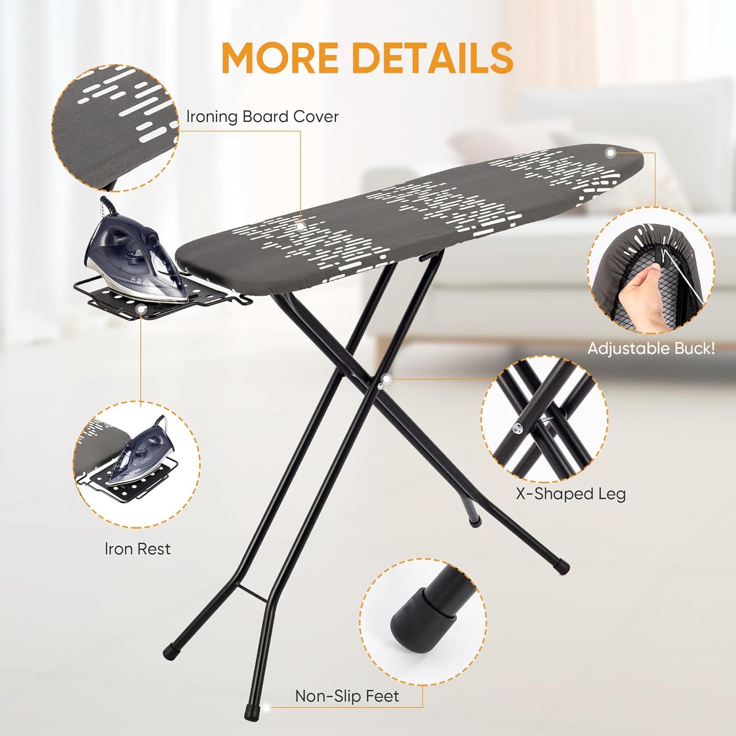 Deluxe Ironing Board with Heat Resistant Cover and Thicken Felt Pad, Safety Iron Rest, 4 Premium Steel Legs, Height Adjustable,Foldable