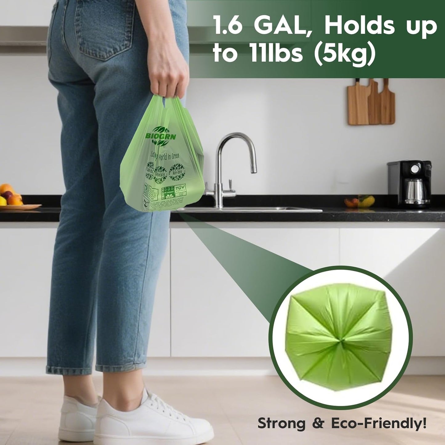 Compostable Trash Bags 1.2-1.6 Gallon Handle Tie 50 Count 0.6 Mil 6.06 Liter Small Compost Bags for Countertop Bin Biodegradable Bags Green for Kitchen ASTM D6400 & BPI Certified, OK Compost Home