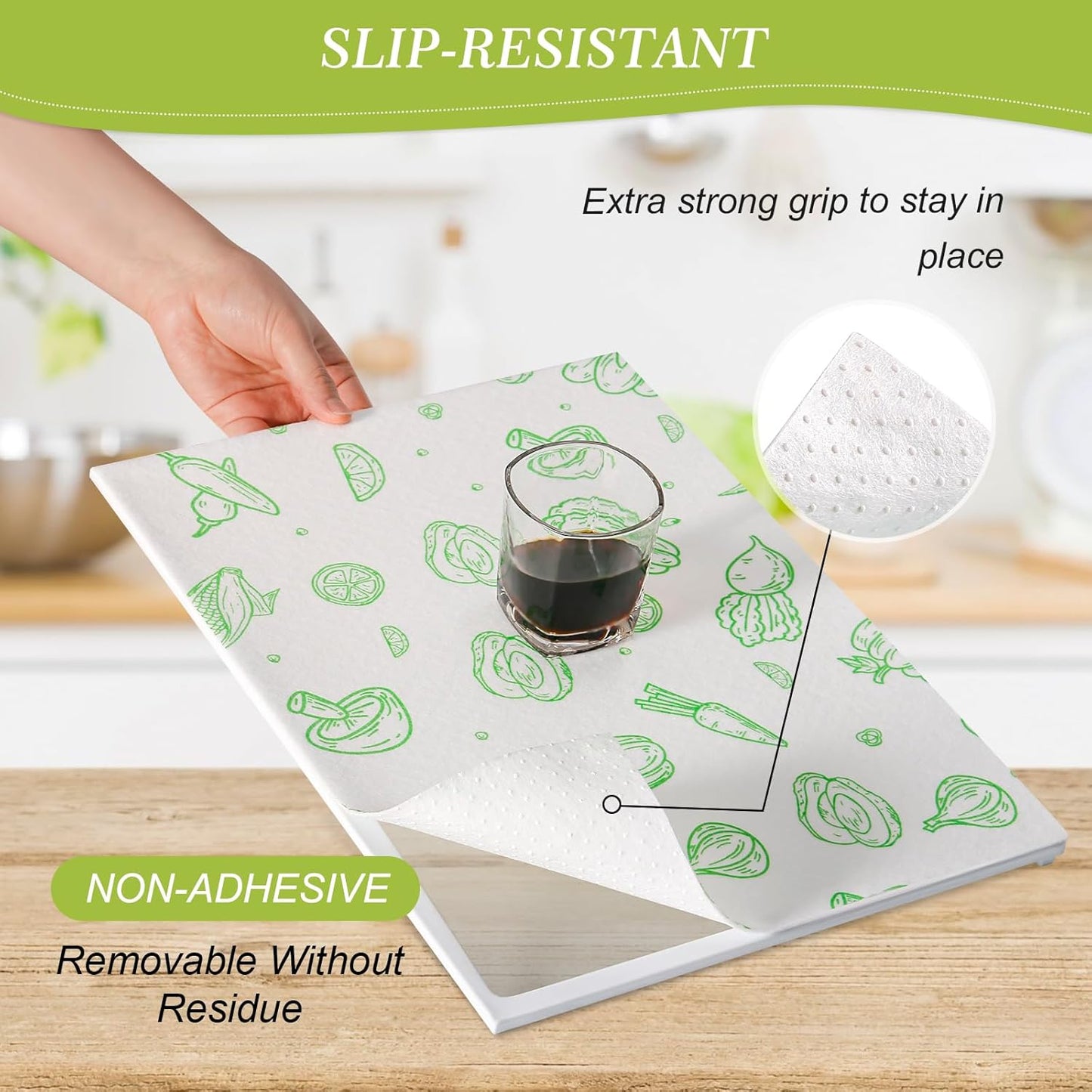 Cooyes Refrigerator Liners 17.7" x 24", 12 Pack, Absorbent Non-Slip Washable Fridge Mats, Shelf Liner for Kitchen Cabinets Non-Adhesive, Green Veggie