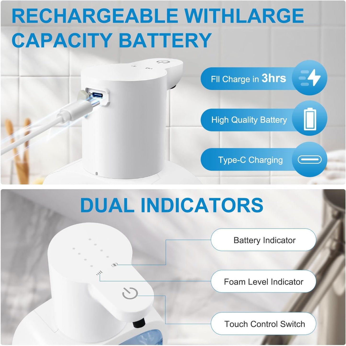 Automatic Foaming Soap Dispenser with 500ml/17oz Capacity, Touchless Soap Dispenser with 4 Level Adjustable, Rechargeable, Wall-Mounted, Waterproof for Kitchen, Bathroom, Hotel, Restaurant